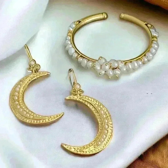 🆕️24K Gold Plated Turkish Pearl Artisan Jewelry Set Crescent Moon Earrings Cuff - Picture 1 of 12